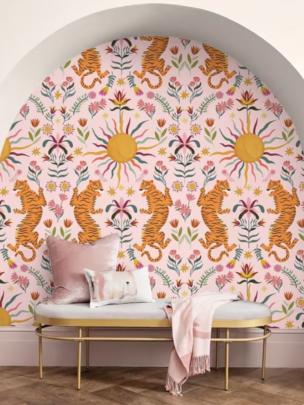 Pink Tiger Peel and Stick Removable Wallpaper - Tropical Maximalist Jungle Print